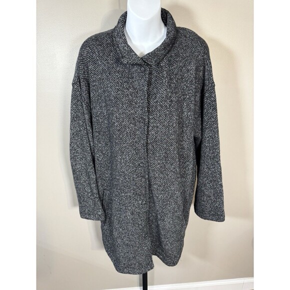 Eileen Fisher Organic Cotton Woven Stand Collar Long Jacket Coat Black White L - Picture 1 of 8